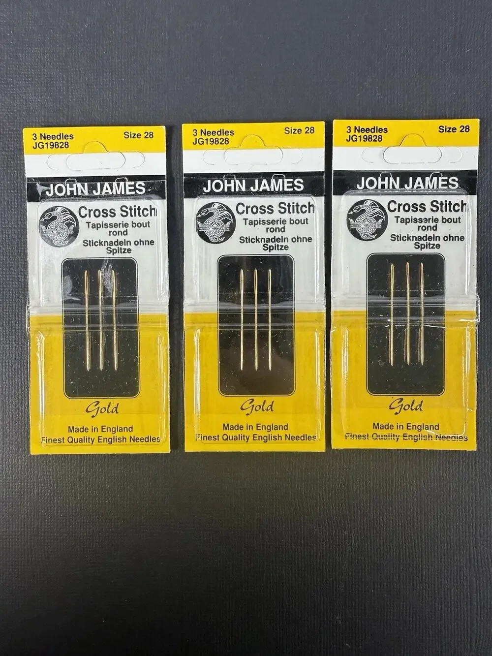 3 Packs John James Gold Cross Stitch Needles Sizes 28 NOS
